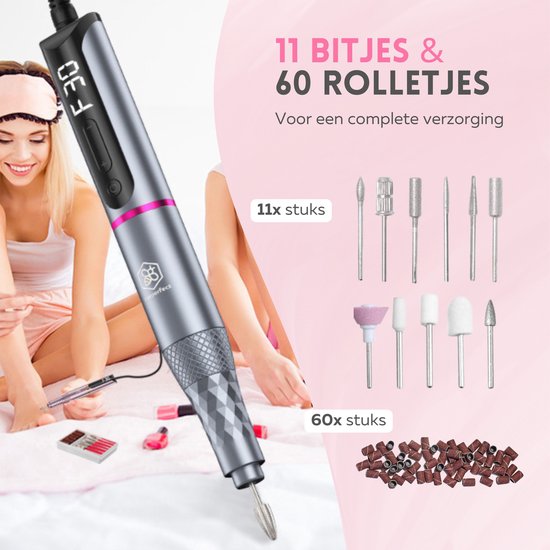 Beeperfect® Draadloze Elektrische Nagelvijl Pro Edition - Nagelfrees - Manicure en Pedicure set - Oplaadbaar - 11 Bitjes en 60 Schuurrolletjes - 30.000RPM
