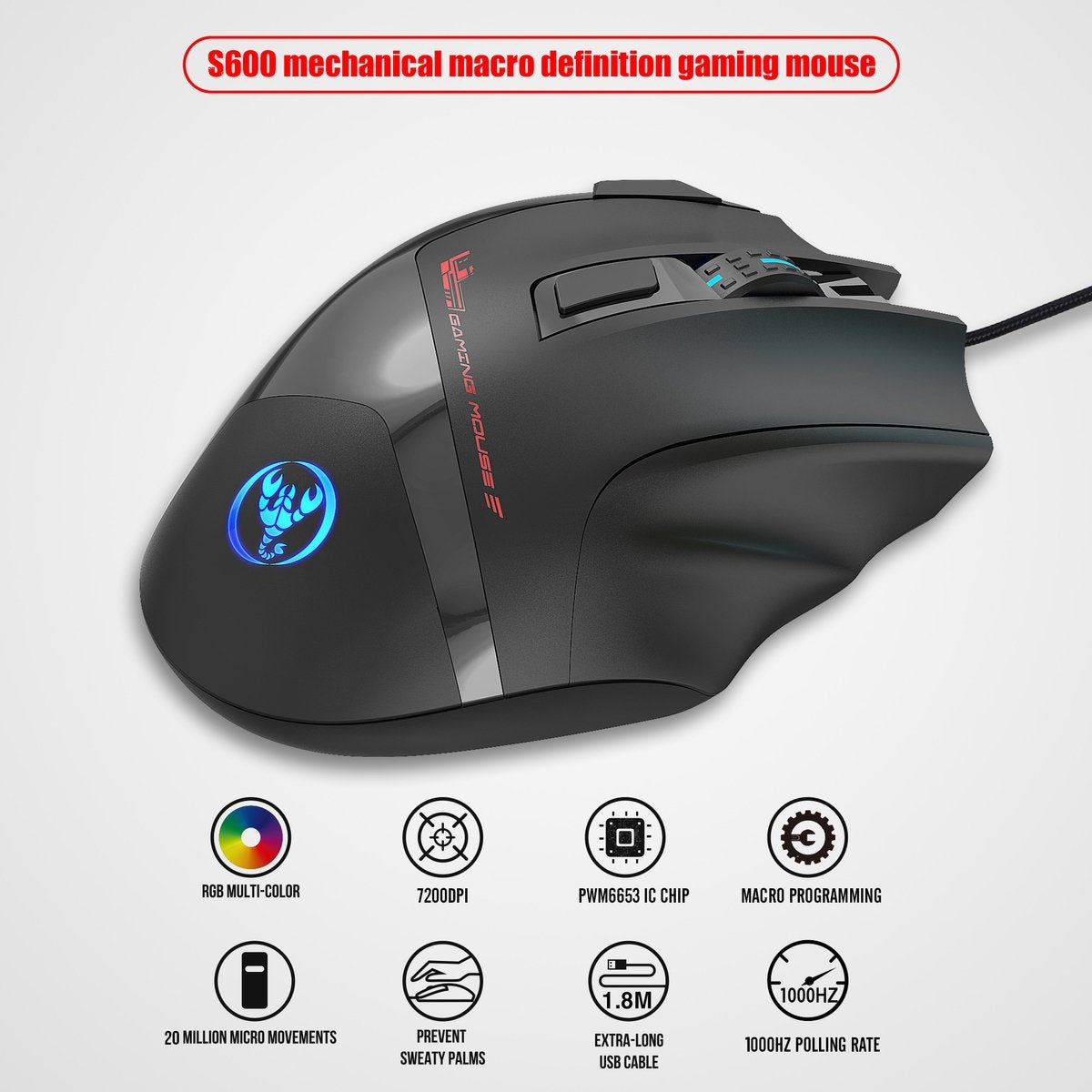 HXSJ S600 Pro Optisch Gaming Muis - Programmeerbaar - RGB licht - Ergonomisch - 7200DPI - Zwart
