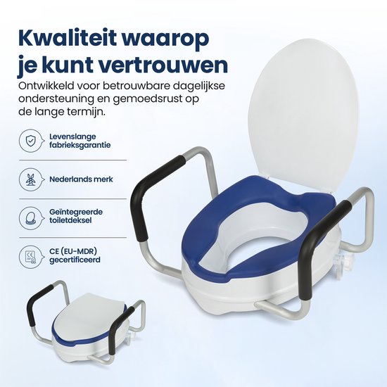 Truesafe Toiletverhoger 10 cm - Universele maat - Met armleuning en deksel - Verhoogde WC bril - Ergonomisch zitkussen - Verhoger voor volwassenen & senioren