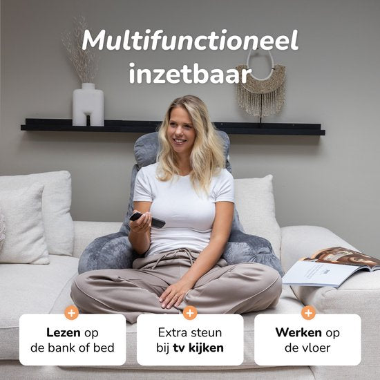 Leeskussen voor in bed - Goede houding in bed - Met 3 opbergvakken - Rugkussen voor onderrug - Bookseat voor bank - Grijs - Soft & Silky