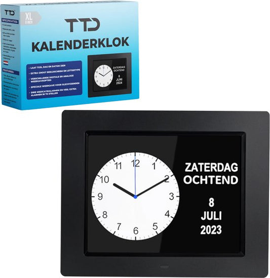TTD® Dementieklok XL 8 Inch – Klok met Dag & Datum – Analoge & Digitale Weergaves – Handleiding in Groot Lettertype – Wekker – Kalenderklok voor Ouderen en Slechtzienden - Alzheimerklok - Seniorenklok