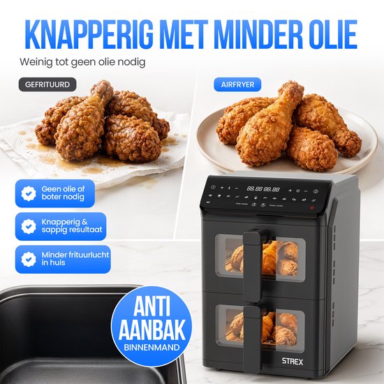 Strex Airfryer Dubbele Mand 11L XXL Heteluchtfriteuse 2500W - Airfryer 2 Manden - Dual Basket - 13 Kookprogramma's - Airfryer Verticaal Groot voor Gezin