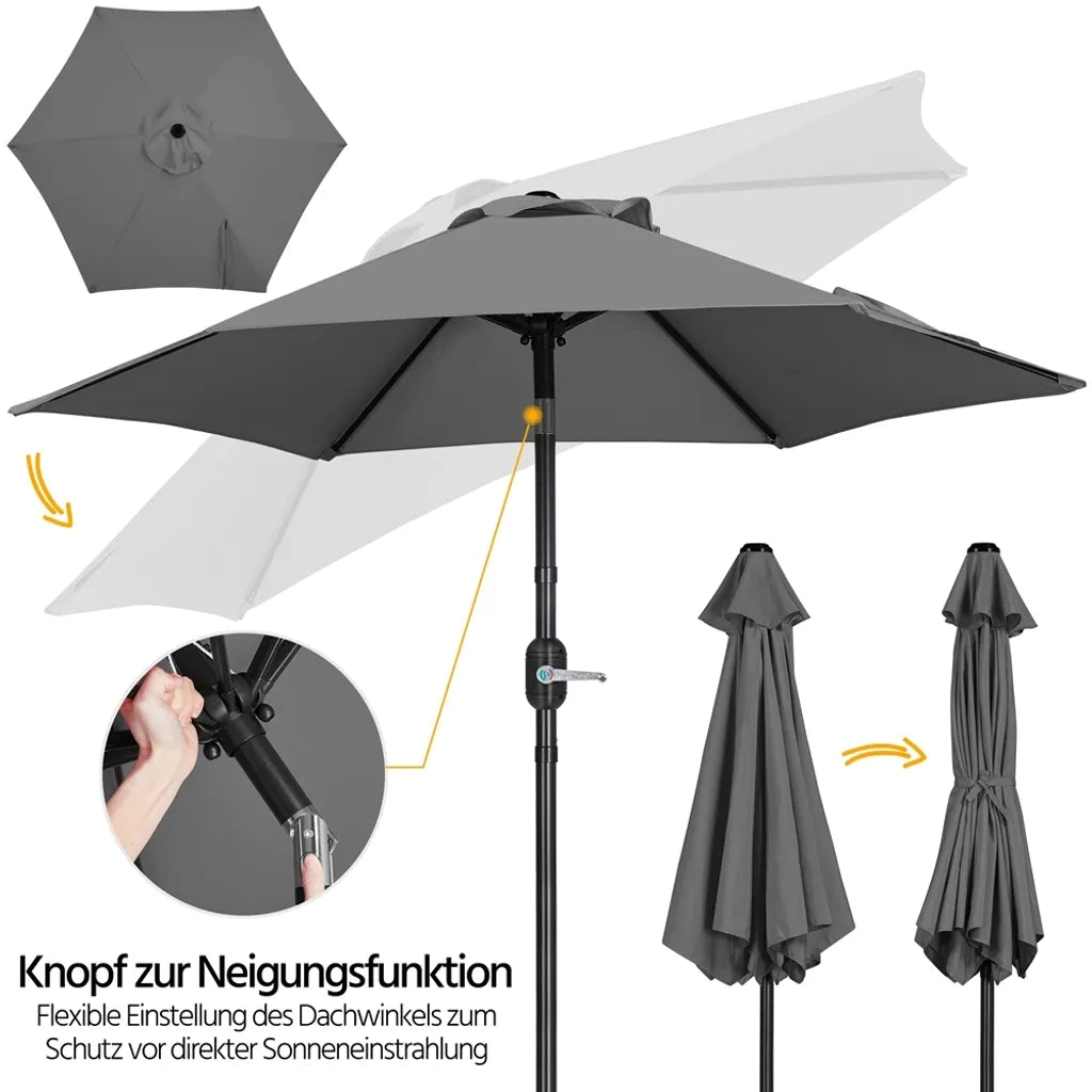 Yaheetech Parasol Ø226 cm – Grijs – 226 x 226 x 240 cm – Met Slinger en Kantelfunctie