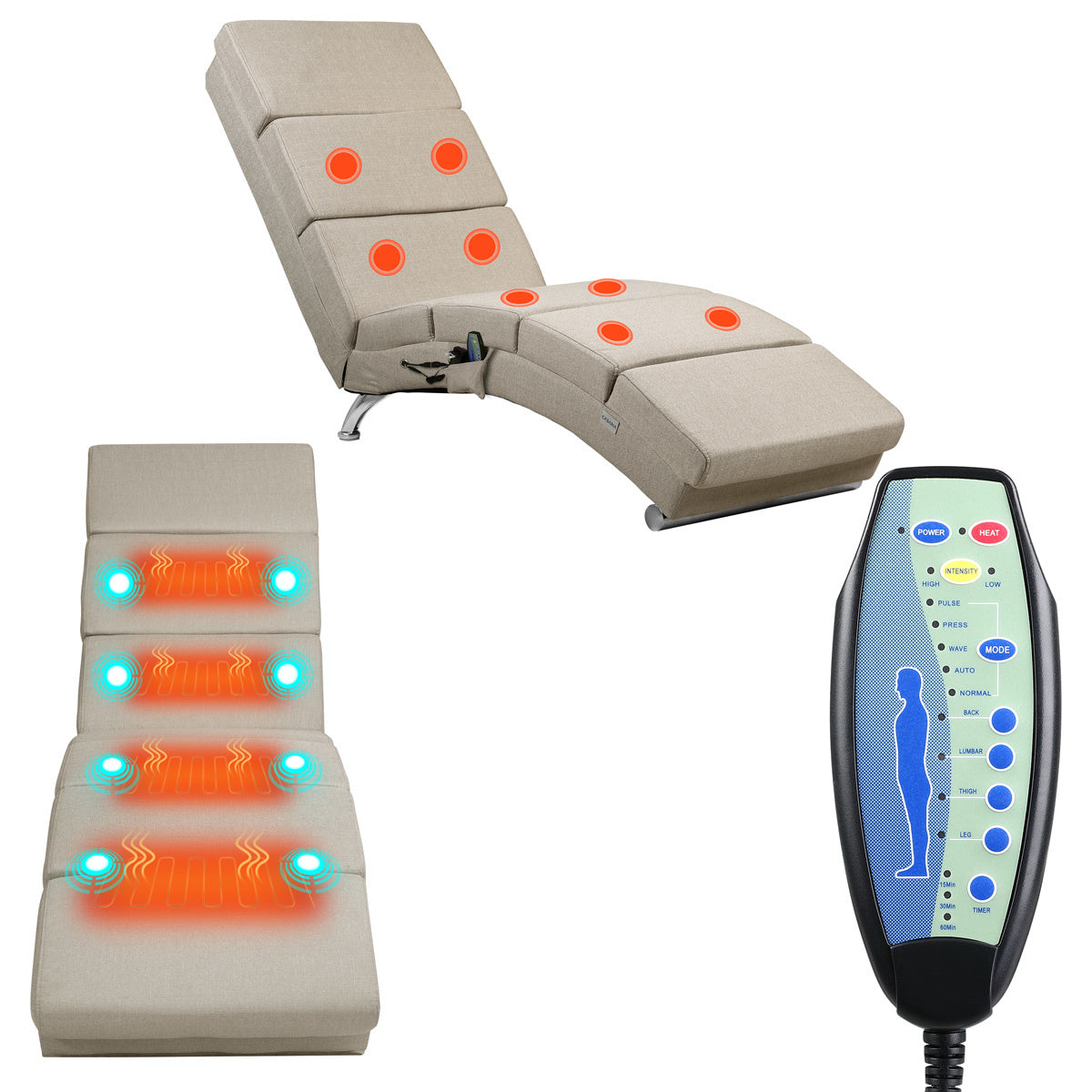 Casaria Relaxfauteuil - Massage en Verwarmingsfunctie - Zandkleur