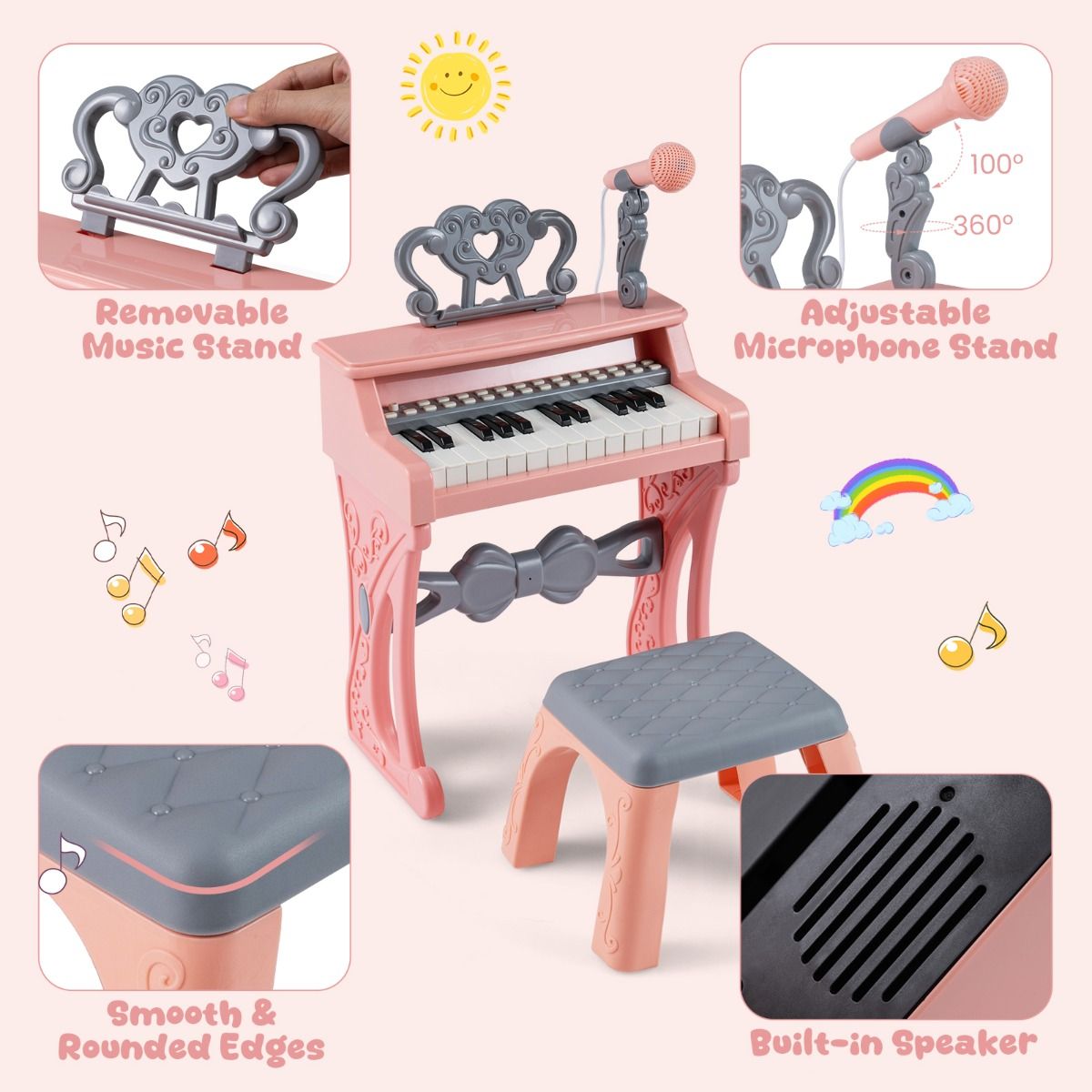 Coast Kinderkeyboardpiano - 25 toetsen - met krukje, muziekstandaard en microfoon - roze en grijs