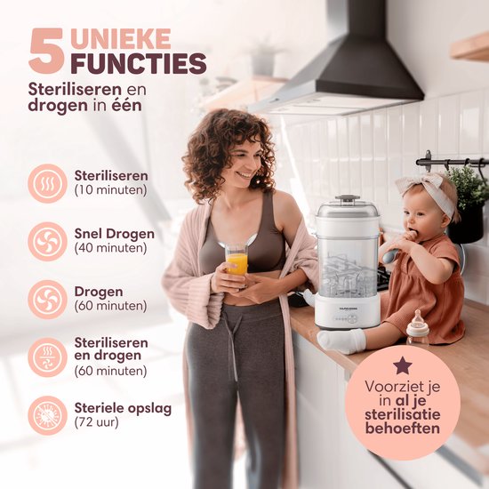 Vulpes Goods® - Flessen Sterilisator - 5-in-1 Functie - Met Droogfunctie & Warmhoudstand - Voor Babyflessen & Borstkolven - BPA-vrij - Kunststof & Wit