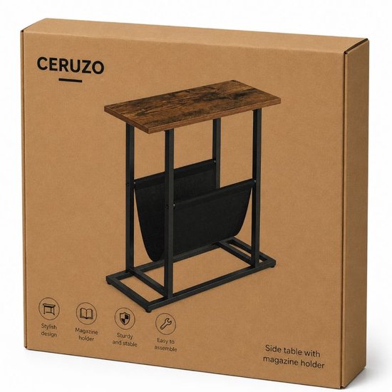 Ceruzo Bijzettafel met Tijdschriftenhouder – Smal – Zwart Bruin - H55 cm