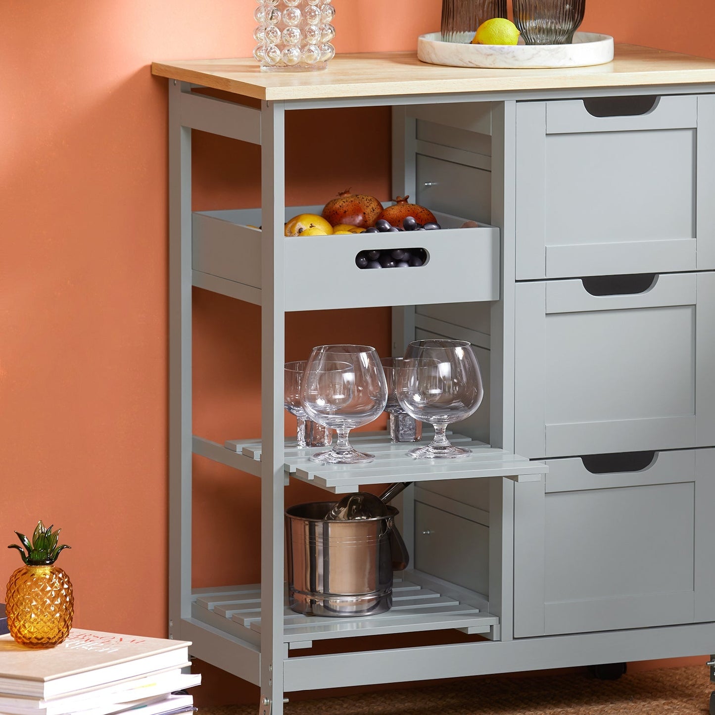 SoBuy - Keukentrolley met 3 Grote Laden - 68x85x38 cm - Grijs