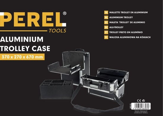 Perel Gereedschapskoffer, trolley, telescopisch handvat, sleutelslot, 2 sleutels, aluminium, zwart, 370 x 225 x 670 mm