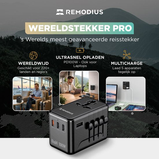 Remodius® Wereldstekker PRO - 220+ landen - Universele Reisstekker met PD100W Ultra USB C Snelladen voor Laptops, Telefoons, Tablets, en meer - 3x USB-C - 1x USB-A