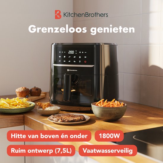 KitchenBrothers Airfryer XXL - 7.5L - 1800W - Heteluchtfriteuse - Dual Heating - 50ºC tot 200ºC - 10 Kookprogramma's - Zwart