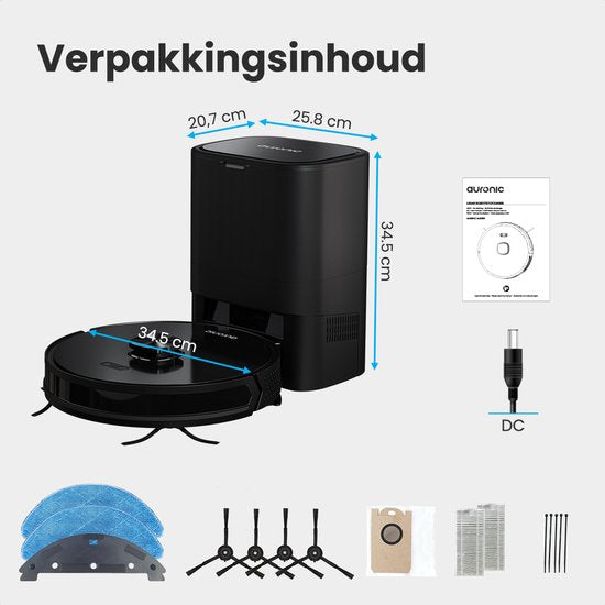 Auronic Robotstofzuiger – Dweilfunctie & Lidar Navigatie – Tot 180 min Gebruiksduur – 4000Pa Zuigkracht – 34,5 x 34,5 x 9,7 cm – Zwart
