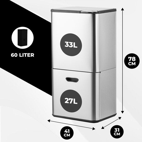 Bayt Prullenbak 60 Liter - Vuilnisbak 60 Liter - Prullenbak Afvalscheiding - 2 Compartimenten - RVS - Zilver