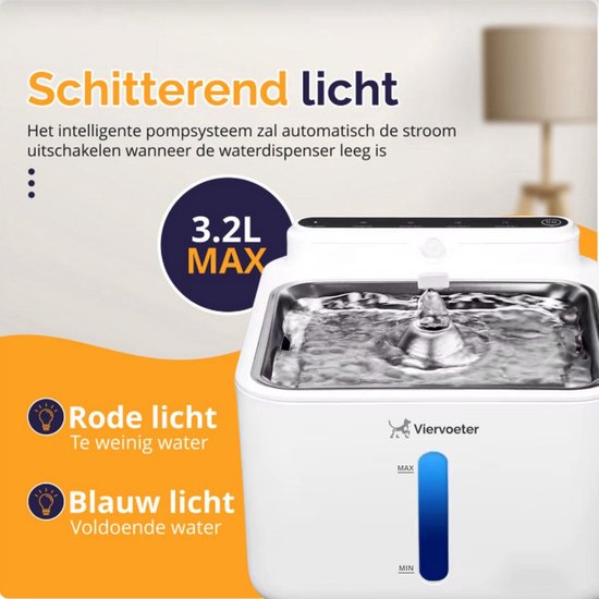 Viervoeter Draadloze Drinkfontein RVS - Sensor Waterfontein voor Kat en Hond - Inclusief filter - 3,2L - 30d batterijduur - Fluisterstil - Wit