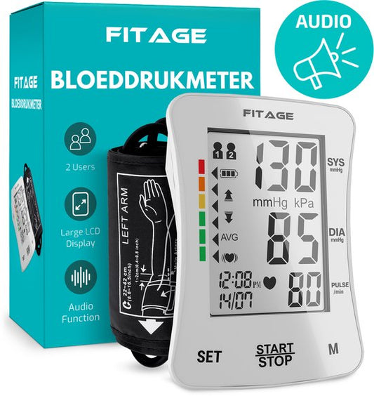 FITAGE Medische Bloeddrukmeter Bovenarm - Bloeddrukmeters - Hartslagmeter - Blood Pressure Monitor - Manchet 22-42cm - WIT