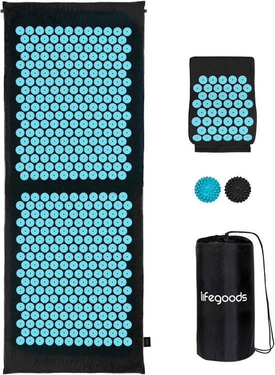 LifeGoods Acupressuur Mat XL - met Kussen - Shakti mat - Spijkermat Incl. 2x Triggerpoint Bal - 128x48x2cm - Zwart/Turquoise