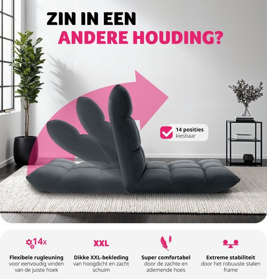 tectake® Relaxstoel - Relaxfauteuil - XXL vloerstoel - Opvouwbaar met ligfunctie - Vloerstoel met verstelbare rugleuning - Te gebruiken als fauteuil, zitkussen, vloerkussen, relaxligstoel of voor meditatie - Grijs