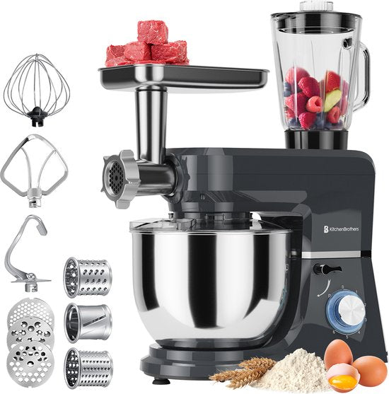 KitchenBrothers Keukenrobot - 6-in-1 Keukenrobot - 1500W - Met Gehaktmolen, Blender en 15 Accessoires - 6,2L RVS Kom - Antraciet