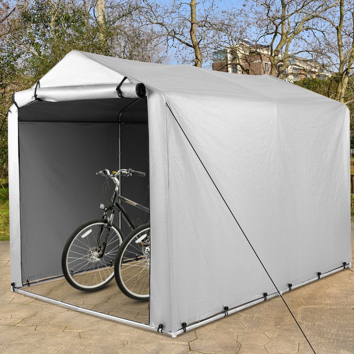 Coast 160 x 218 x 164 cm Grijze Buiten Fietsenstalling en Draagbare Garage met Oprolbare Ritsdeur