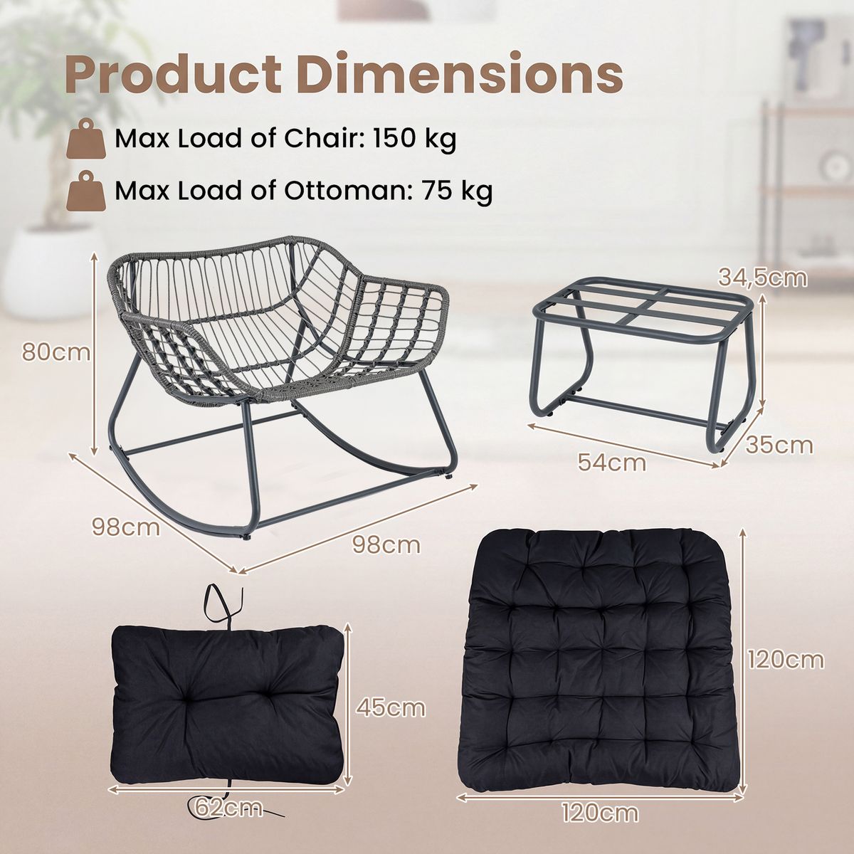 Coast schommelstoel met voetenbank - ergonomisch ontwerp - metalen frame met PE-rattan - zwart