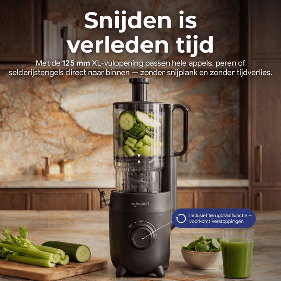 Safecourt Kitchen Slow Juicer - krachtige motor [Pre-cutter & Cold-press technologie] - eenvoudige reiniging - BPA-vrij - sapcentrifuge Zwart