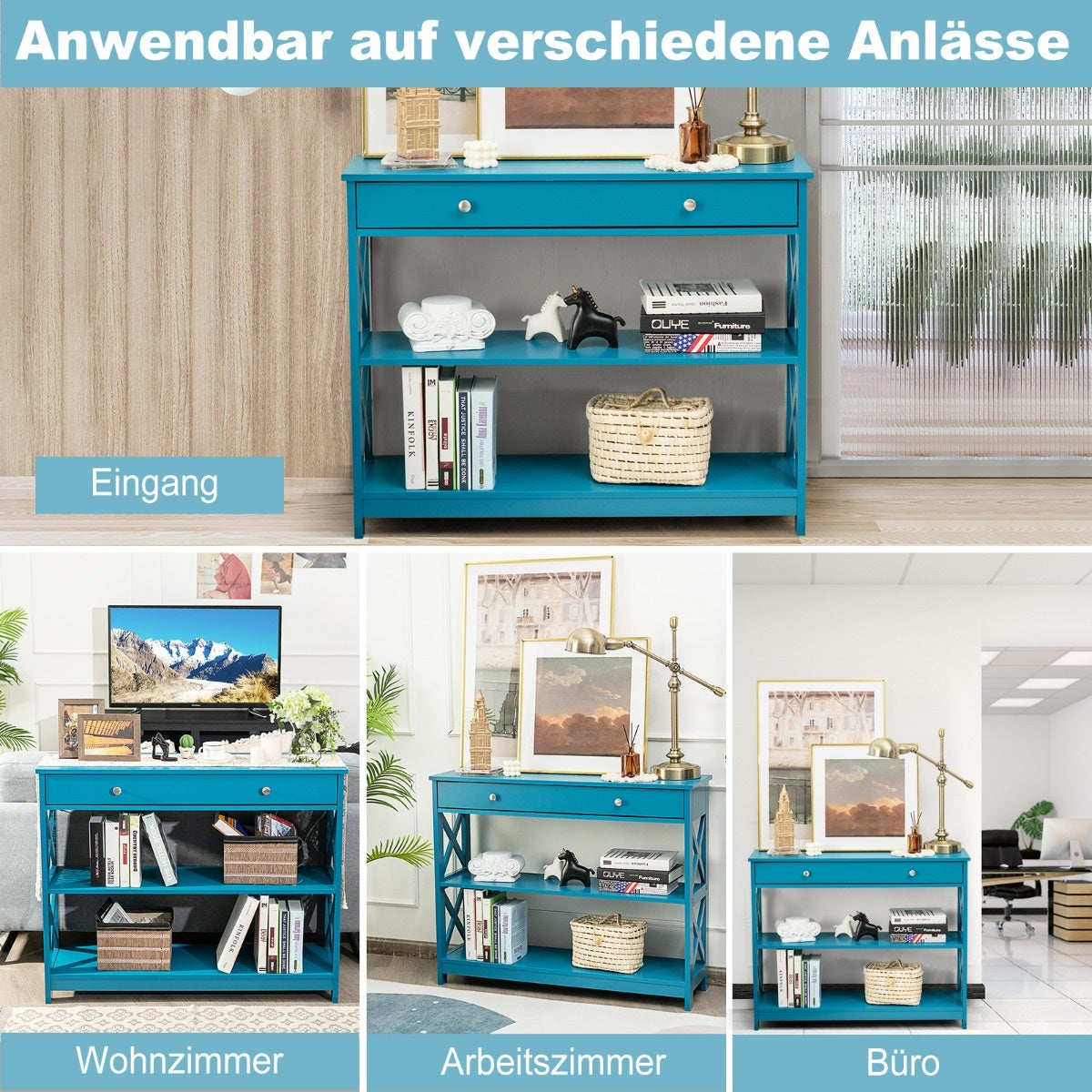 Coast 3 NIVEAS CONSOL TABEL MET LADE & 2 planken en X-vormige benen blauw