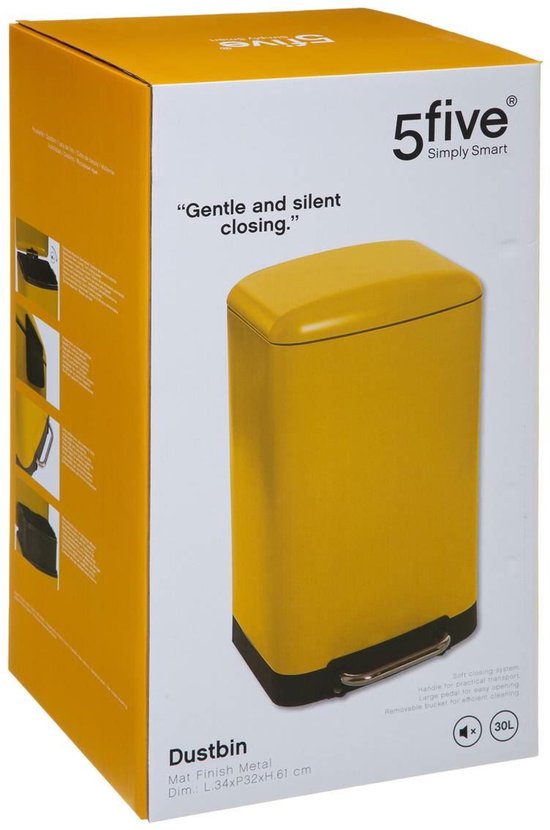 5Five Prullenbak/pedaalemmer - geel - metaal - 30 liter - 34 x 32 x 61 cm - keuken