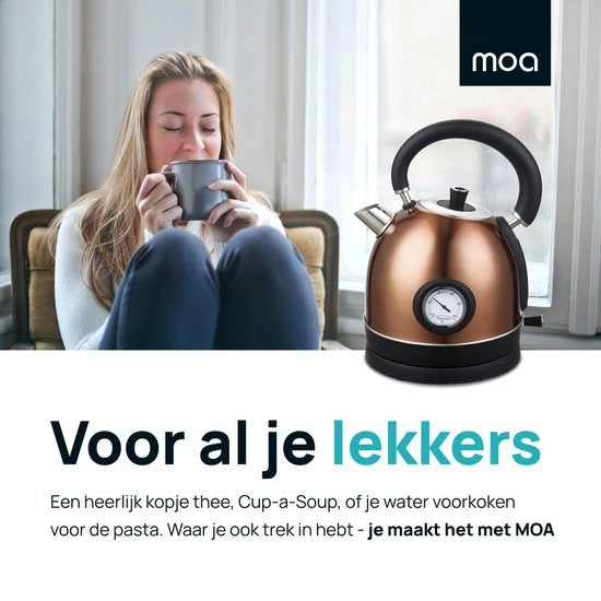 MOA Waterkoker Retro EK3TC – 1,8L – RVS – BPA-Vrij – 2200W – Koper – Ingebouwde Thermometer – Anti-Kalkfilter
