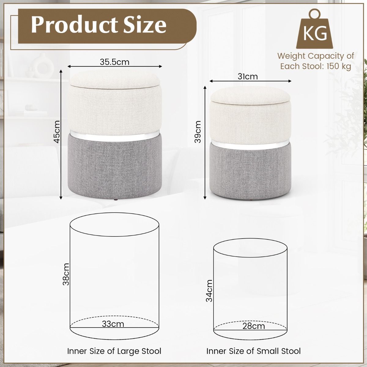 Coast Opbergpoefenset - set van 2 ronde poefs - linnen stof - zilveren accentring - beige en grijs