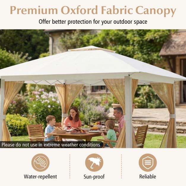 Coast Pop-up Paviljoen 394 x 394 x 277 cm - Gaaszijpanelen - Dubbel Dak - Draagtas - Beige