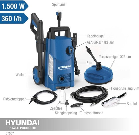 HYUNDAI hogedrukreiniger 1500W - Complete deluxe set - 360 L/uur - Inclusief veel accessoires - spuitstukken - terrasreiniger - zeeptank