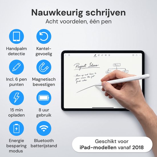 Nuvance Stylus Pen - Geschikt voor Apple iPad 2018-2026 - Touchscreen Pen - Incl. 6 Punten - Pencil