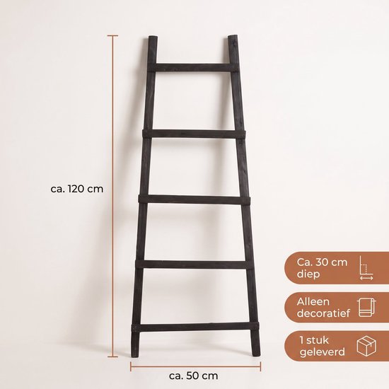 Cheqo® Decoratieladder - Handdoekladder - Houten Decoratieladder - Zwarte Decoratieladder - Ladderrek - Handdoekenrek - Sierladder - Badkamer Ladder - Kledingladder - Decoratieve Ladder voor Binnen - Ladder voor Plaids - Woonladder
