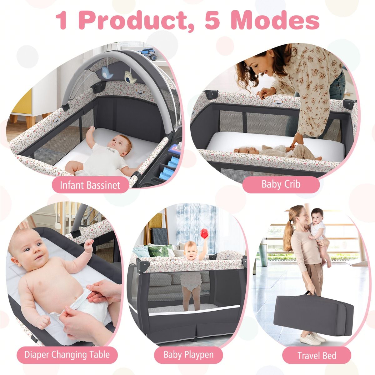 Coast 4-in-1 draagbaar babybedje - met luiertafel en muziekdoos - verstelbaar dak - grijs 102 x 72 x 82 cm