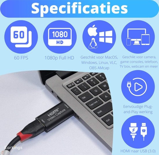 Earkings® Game Capture Card – 4K Invoer & 1080p Full HD Uitvoer – HDMI naar USB 3.0 – 6.4 x 2.8 x 1.3 cm – Zwart