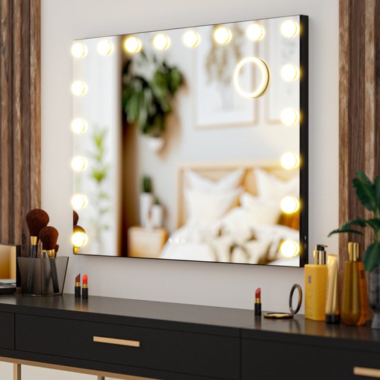 Mirlux Hollywood Spiegel 80x60CM - 2 Bluetooth Speakers - USB & USB-C Oplaadpoorten - LED Verlichting - Make Up Spiegels - 10x Zoom - Ophangbaar - Zwart