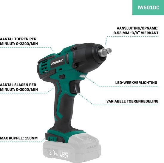 VONROC Accu slagmoersleutel 20V – 150Nm – Incl. 4 moerdoppen – Zonder accu & lader