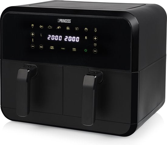 Princess Double Basket Airfryer 182068 - Dubbele Airfryer - 8 liter - 2 manden - XXL - 8 programma’s - 2400W - Dubbele heteluchtfriteuse - Touchscreen - Zwart - 80 °C tot 220°C - Sync functie