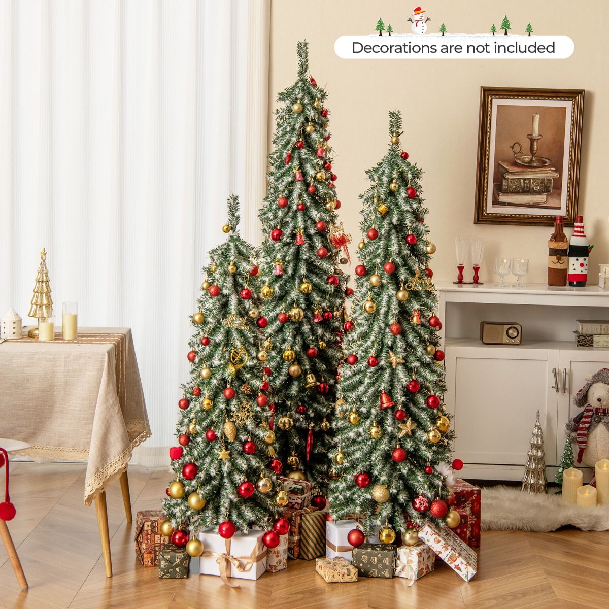 Coast Kunstkerstbomen Set - potloodvorm - met nepsneeuw en LED-verlichting - 120/150/180 cm