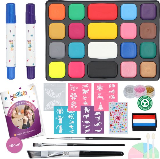 Partizzle Schminkset op Waterbasis - Schmink Boek en Sjabloon Set - Penselen, Sponsjes, Haarkrijt, Bio Glitters - Kerst Kinderen - 20 Kleuren