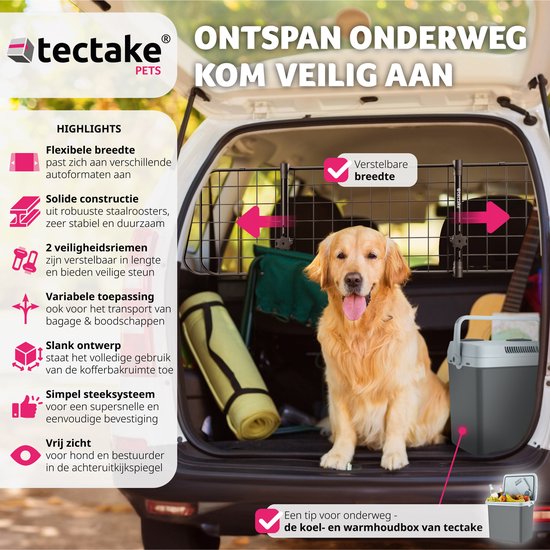 tectake® - Autohondenrek - Universeel met variabele breedte tot max. 154 cm - Kofferbakbescherming en scheidingsrooster - Incl. 2 veiligheidsgordels - Eenvoudige montage