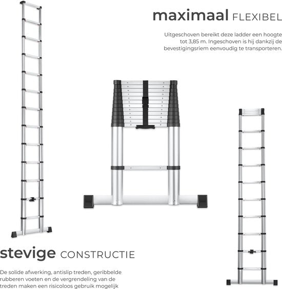 tectake® Telescoopladder met 13 Sporten - Vouwladder - 3,85 Meter - Soft Close - Anti Slip - Uitschuifbare Telescopische Ladder - Trapladder - Lichtgewicht Aluminium Trap - Betrouwbare Vergrendeling