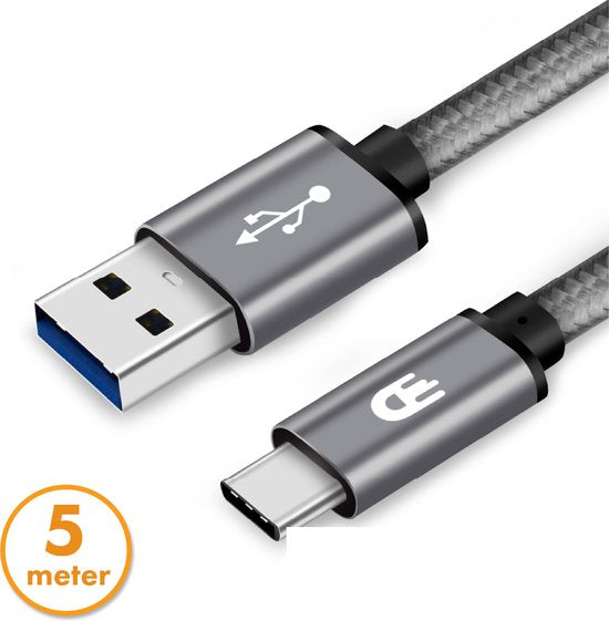 Drivv. USB naar USB C Kabel - Snellader - USB C Data en Oplaadkabel - 5 meter - Geschikt voor Samsung, iPhone 15 & Meer - Space Grey