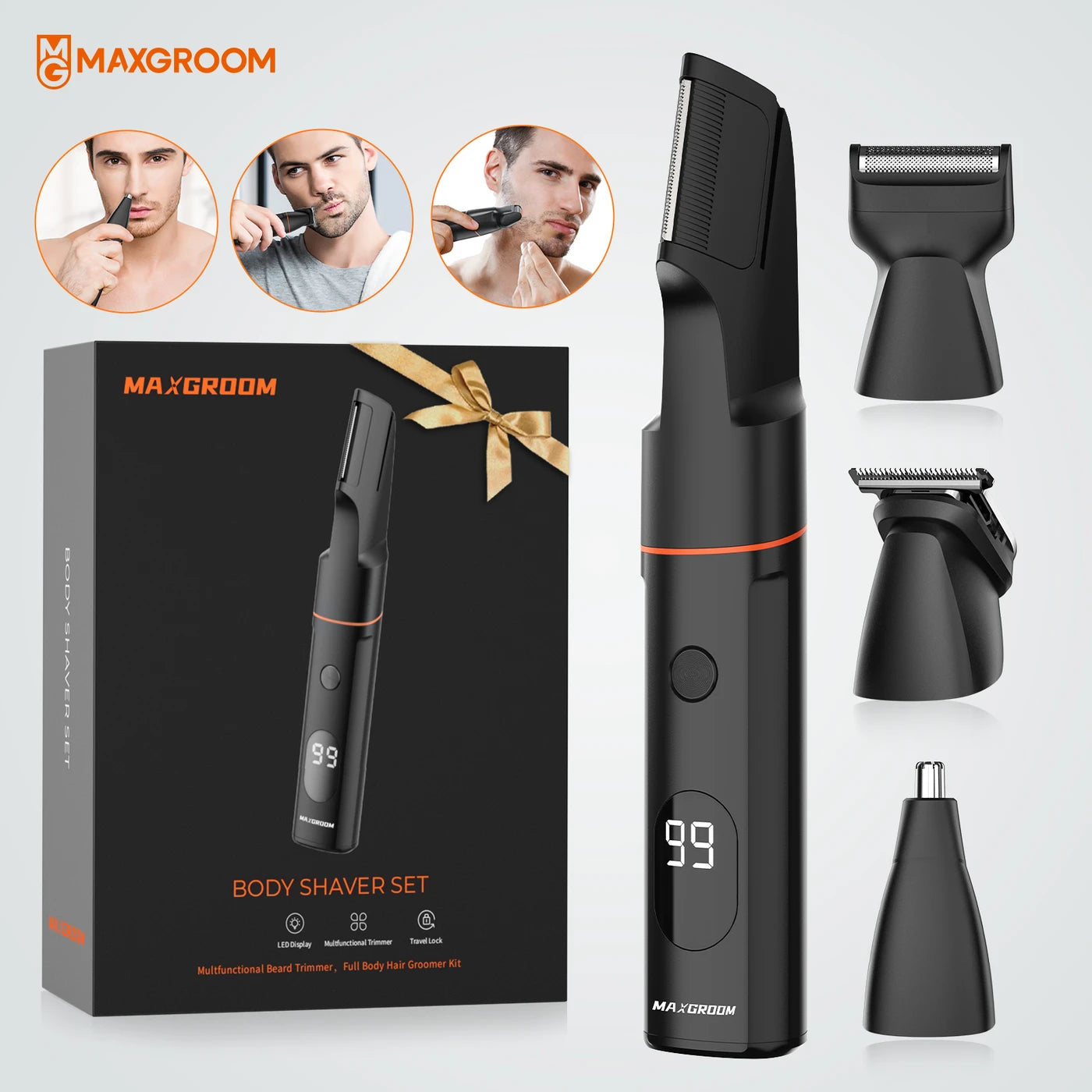 MAXGROOM 7-in-1 Body Groomer - Draadloos - 1-9 mm - IPX6 Waterdicht - 90 min - LED-display - Magnetische Opzetstukken