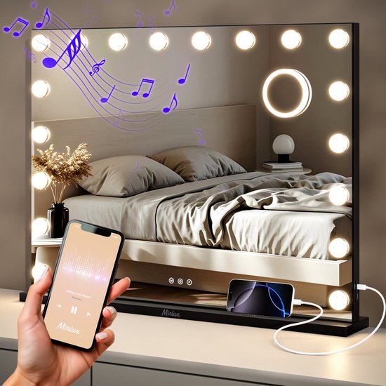 Mirlux Hollywood Spiegel 80x60CM - 2 Bluetooth Speakers - USB & USB-C Oplaadpoorten - LED Verlichting - Make Up Spiegels - 10x Zoom - Ophangbaar - Zwart