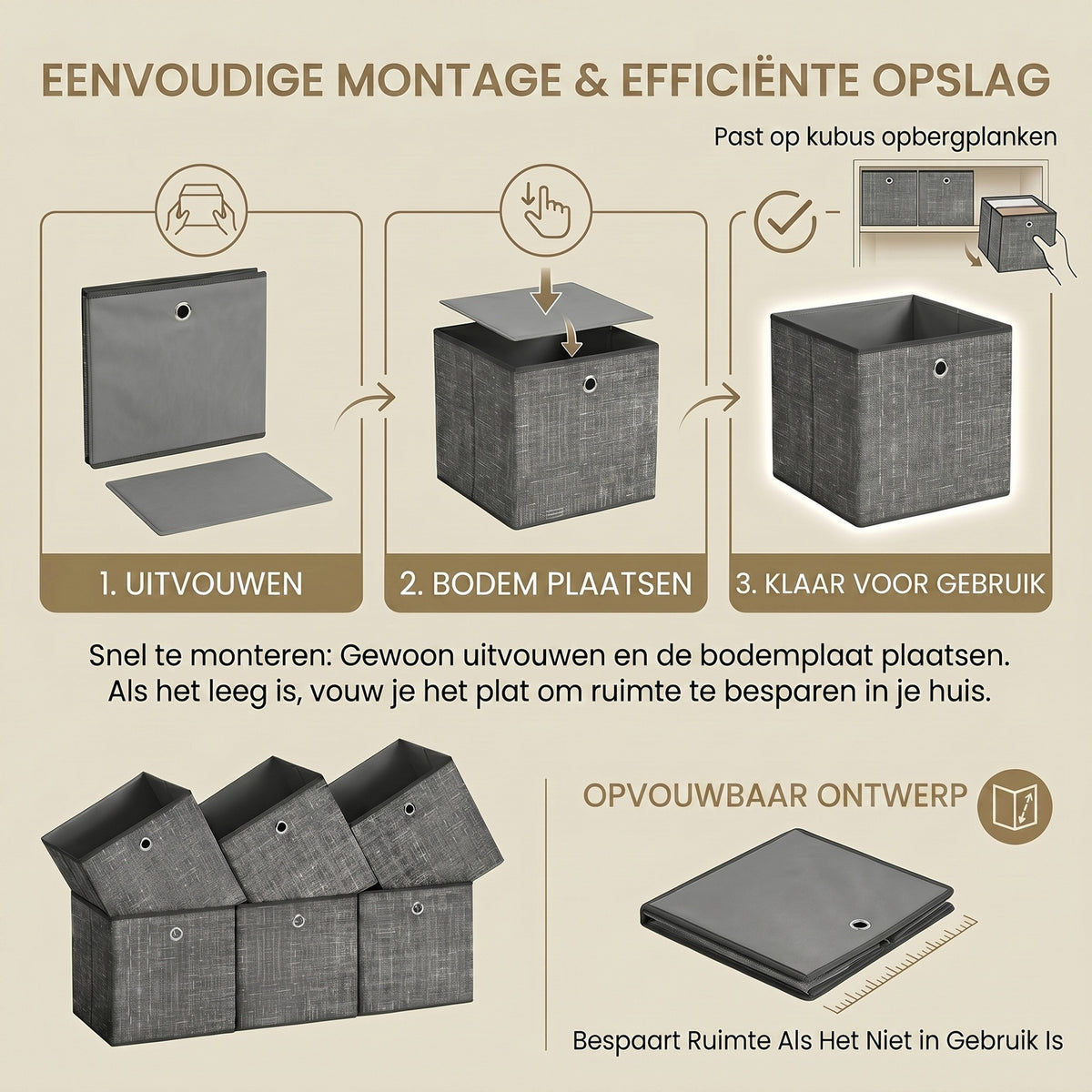 JOYFURNOS kubusopbergers, opvouwbare stoffen opbergboxen met handgrepen, set van 6, voor planken, kleding, zwart