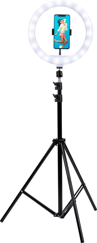 Grundig Ringlamp met Statief - Verstelbaar Ringlight tot 195cm - Tiktok Lamp met Telefoonhouder - Selfie Ring Light - Ringlamp met 3 Lichtstanden - Make Up Lamp