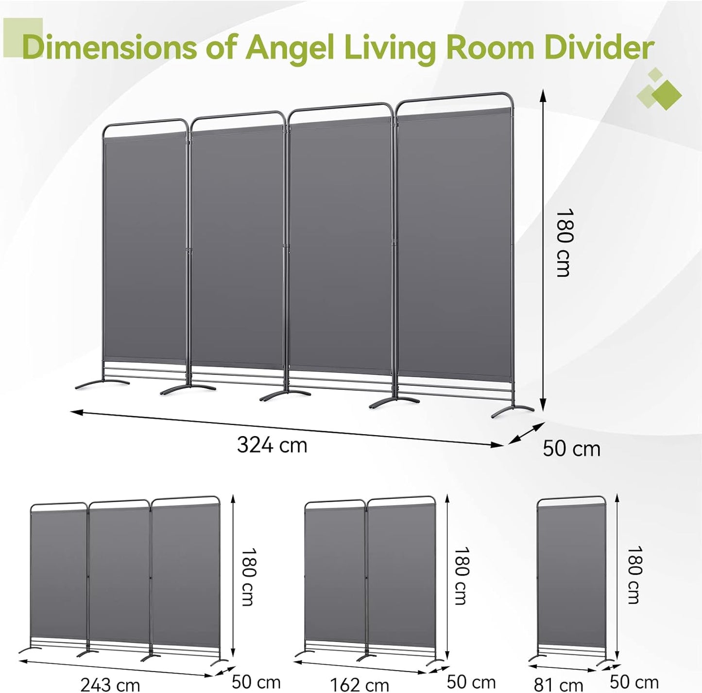 Angel Living Kamerscherm - 4 Panelen - 324 x 180 cm - Grijs