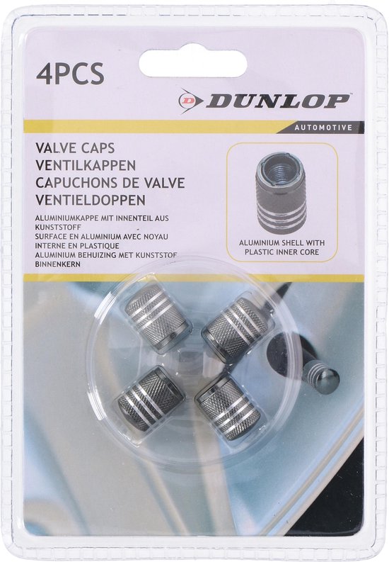 Dunlop Ventieldoppen Aluminium – Zilvergrijs – Set van 4 – Auto Ventiel Caps