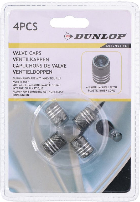 Dunlop Ventieldoppen Aluminium – Zilvergrijs – Set van 4 – Auto Ventiel Caps